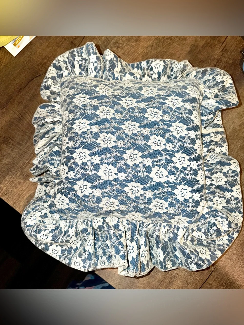 Vintage Floral Lace Ruffled Throw Pillow - Blue & White